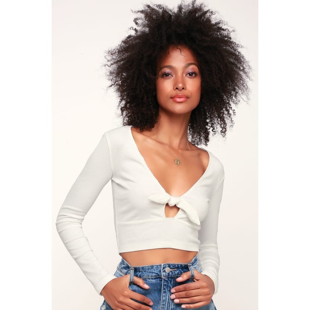 White Ribbed Front Tie Long Sleeve Crop Top